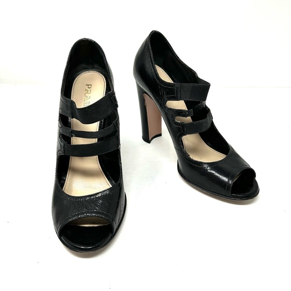 PRADA black crinkled leather, peep toe Mary Jane heels, made in Italy size 39.5 - Picture 1 of 12